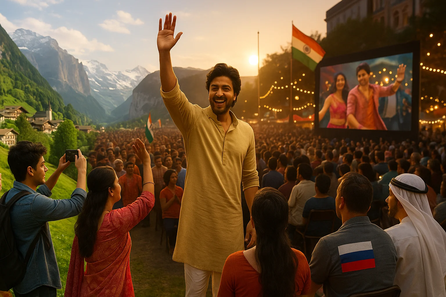 Indian tourists in Switzerland, a Bollywood star at a political rally, and an international audience watching a film screening