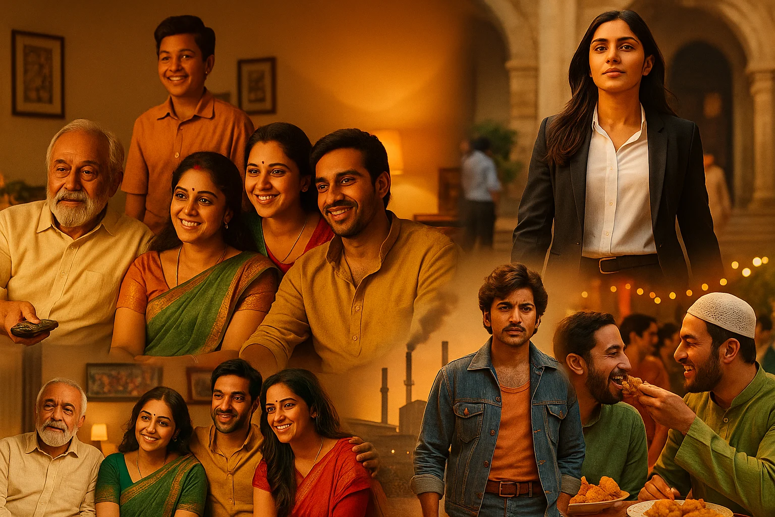 Collage of Bollywood-inspired scenes showing family unity, women empowerment, working-class struggles, and religious harmony
