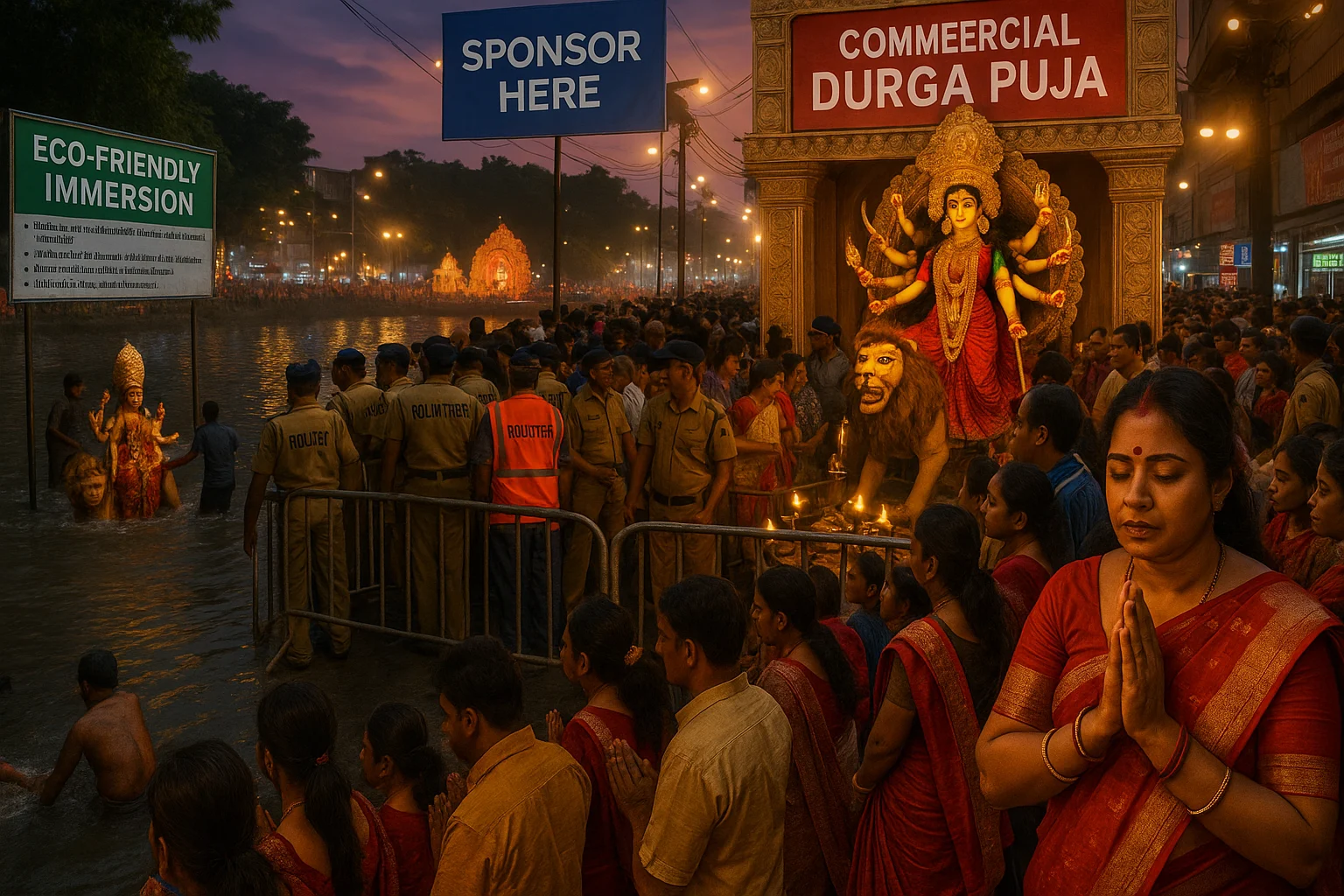 Devotees praying near a pandal, idol immersion in river with eco-friendly signs, police managing crowds, and commercial banners in the background.