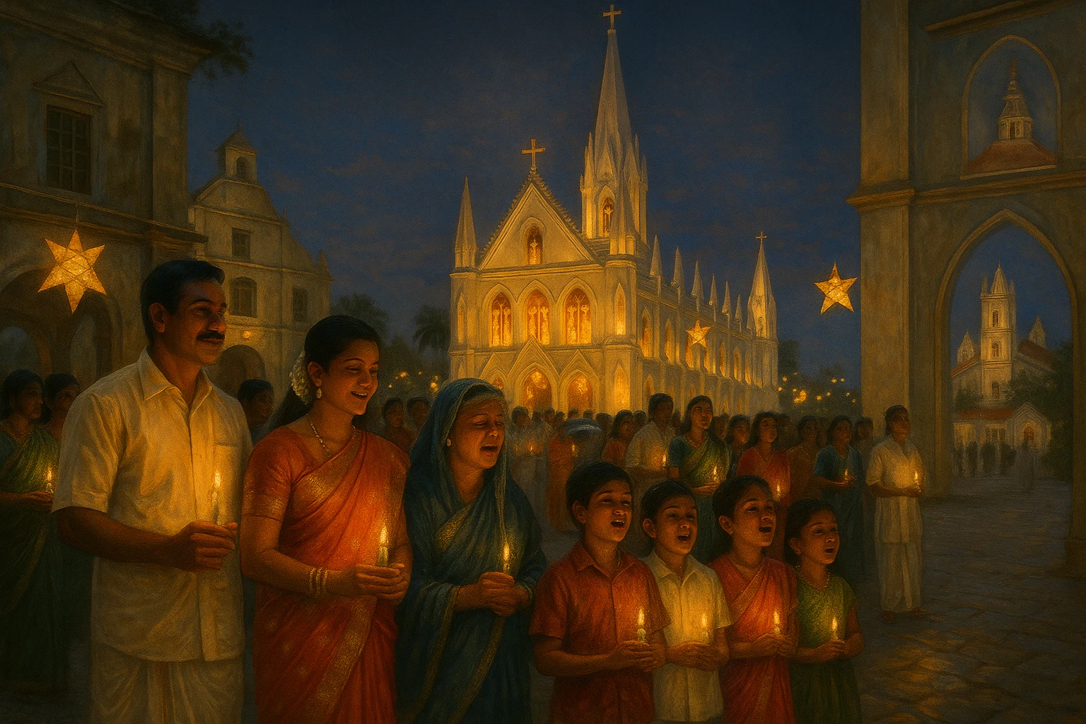 Indian Christians celebrating Christmas outside San Thome Basilica in Chennai with candles and hymns.
