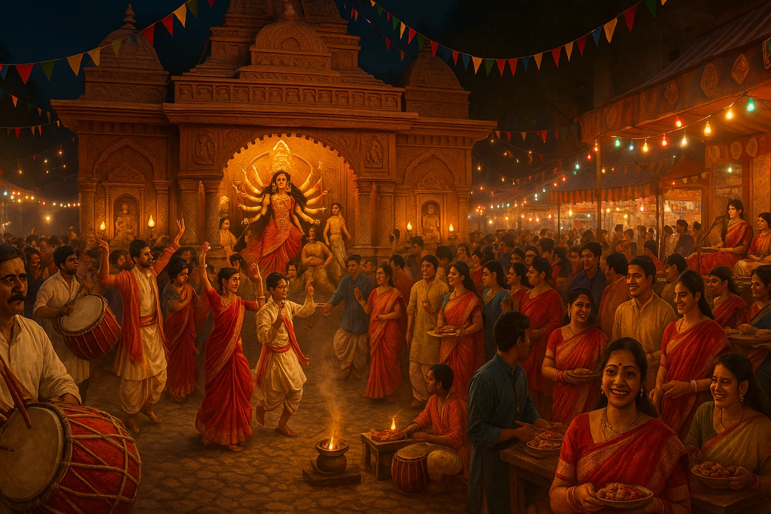 Durga Puja pandal with drummers, dancers, singers, and crowds enjoying traditional food and performances.