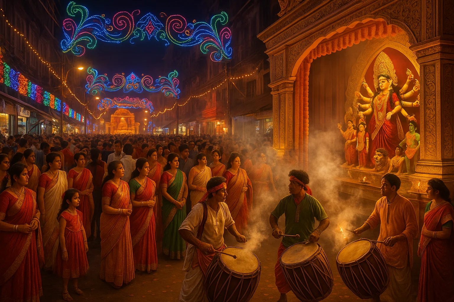 Kolkata streets glowing with lights, crowds in traditional attire, drummers playing before a grand Durga idol during Durga Puja.