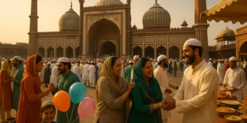 Families and children celebrating Eid outside a grand mosque with food stalls and prayers in the background