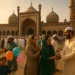 Families and children celebrating Eid outside a grand mosque with food stalls and prayers in the background