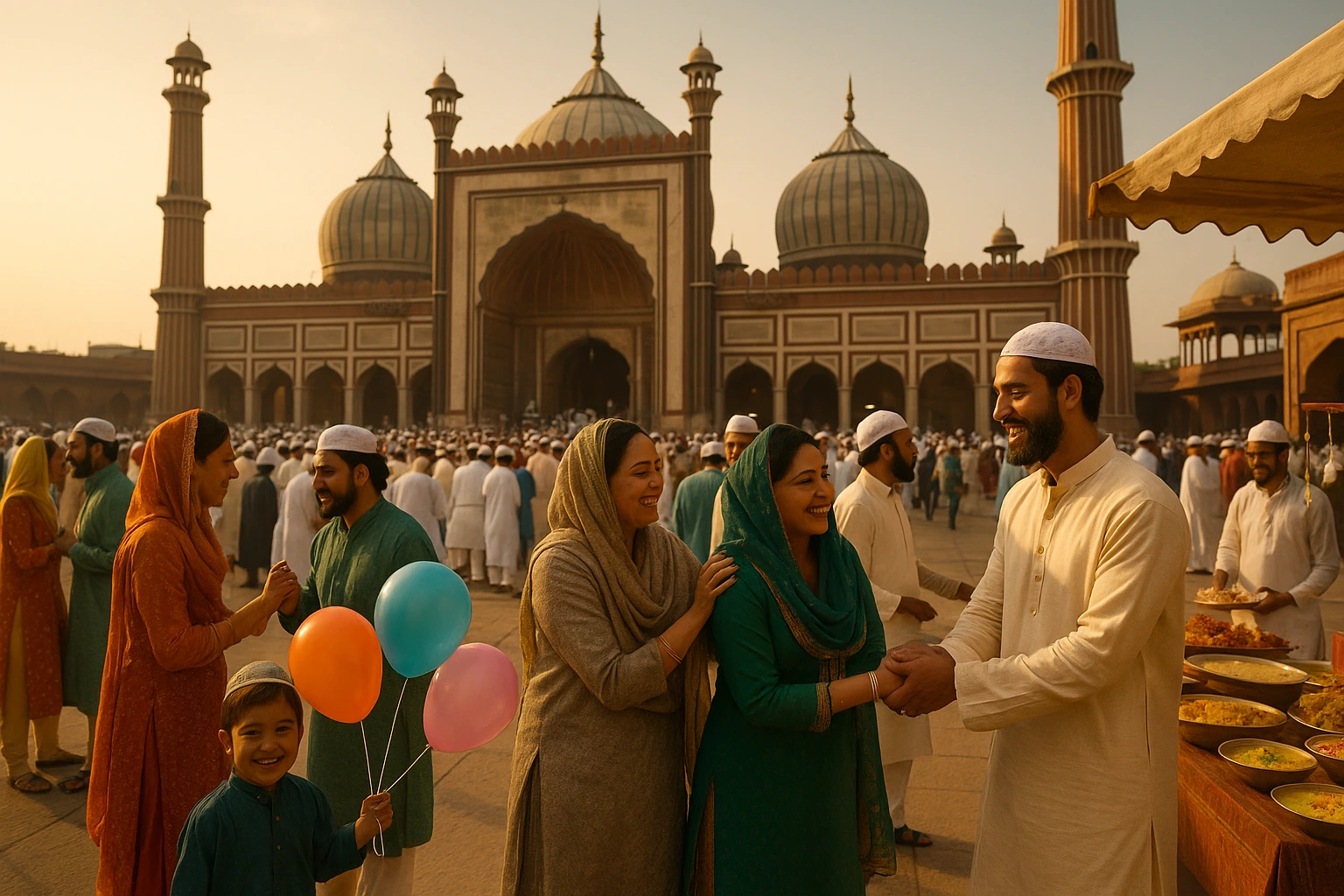 Families and children celebrating Eid outside a grand mosque with food stalls and prayers in the background