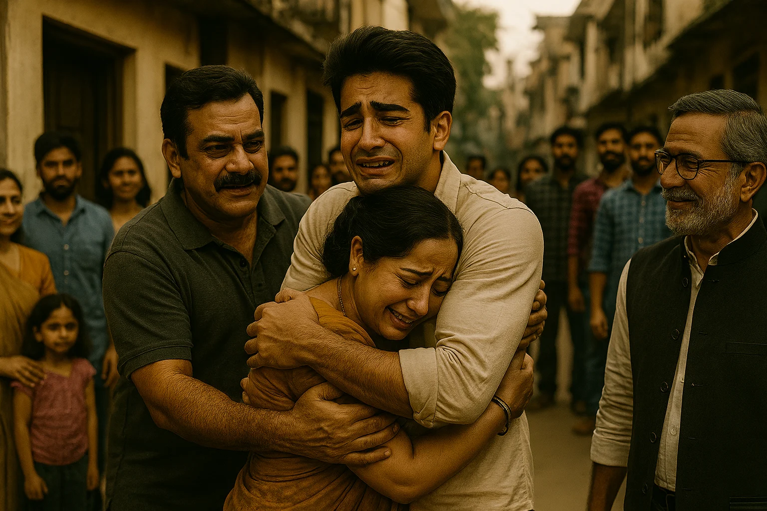 Rohit tearfully hugs his mother as father and neighbors surround him