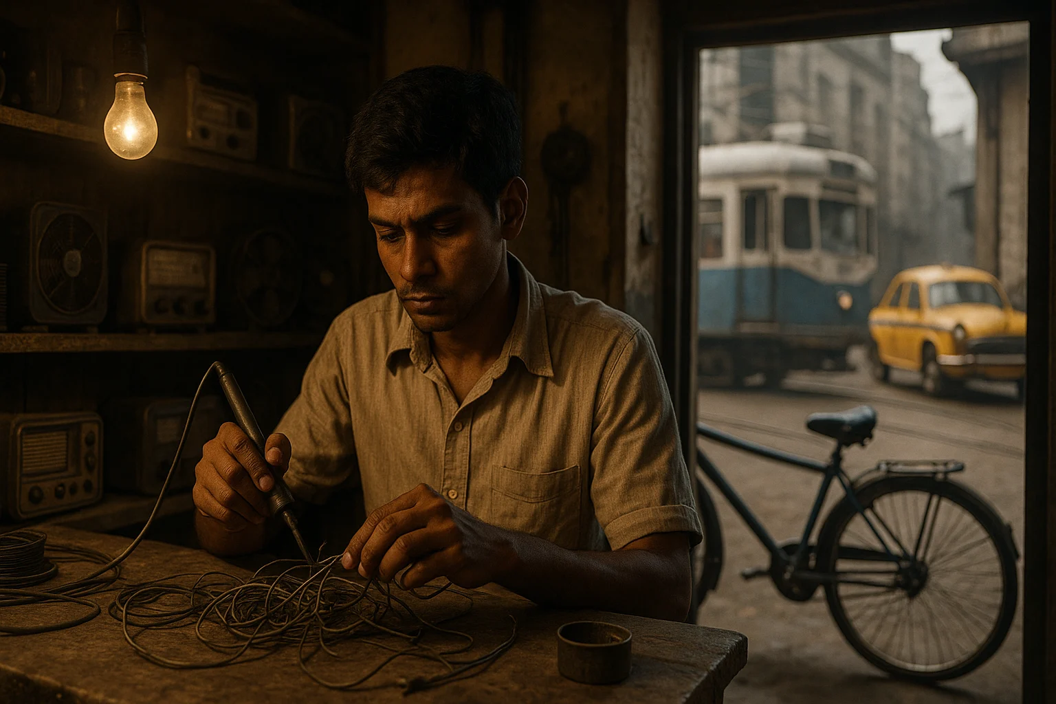 Young man repairing tangled wires inside a small electrical shop in Kolkata, with a tram and yellow taxi visible outside.