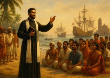 Jesuit missionary Francis Xavier preaching to locals in Goa as Portuguese ships dock in the background.