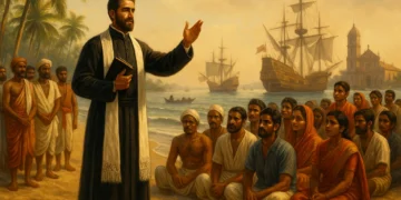 Jesuit missionary Francis Xavier preaching to locals in Goa as Portuguese ships dock in the background.