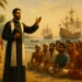 Jesuit missionary Francis Xavier preaching to locals in Goa as Portuguese ships dock in the background.