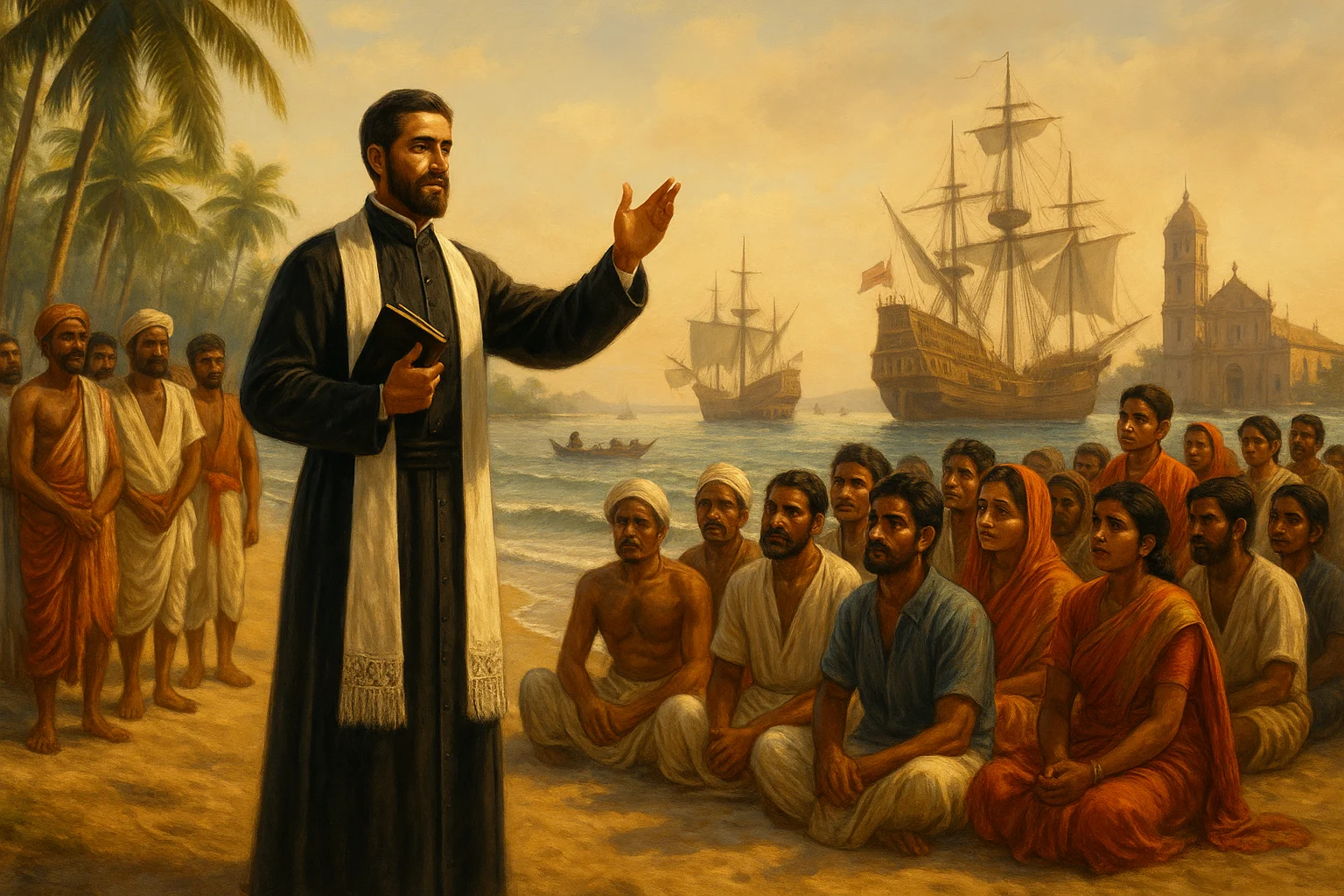 Jesuit missionary Francis Xavier preaching to locals in Goa as Portuguese ships dock in the background.