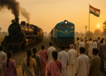 Indian villagers watch a steam locomotive being replaced by a new diesel engine at sunrise in 1950s India.