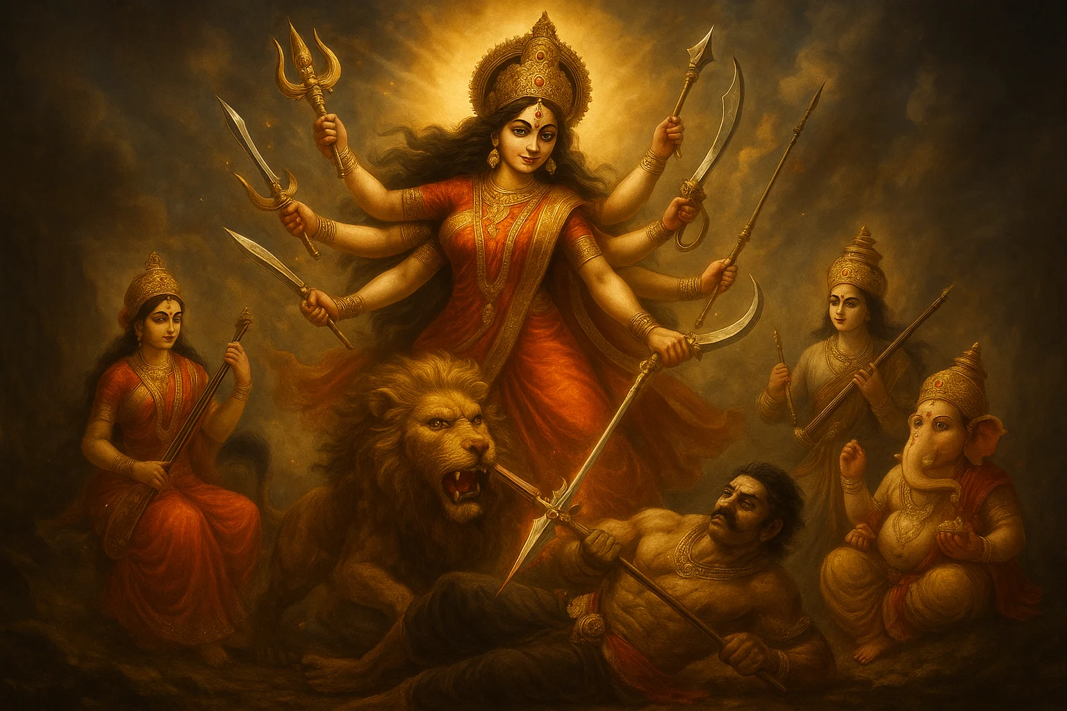 Goddess Durga with ten arms, mounted on a lion, defeating Mahishasura with her divine weapons, surrounded by Lakshmi, Saraswati, Kartik, and Ganesha.