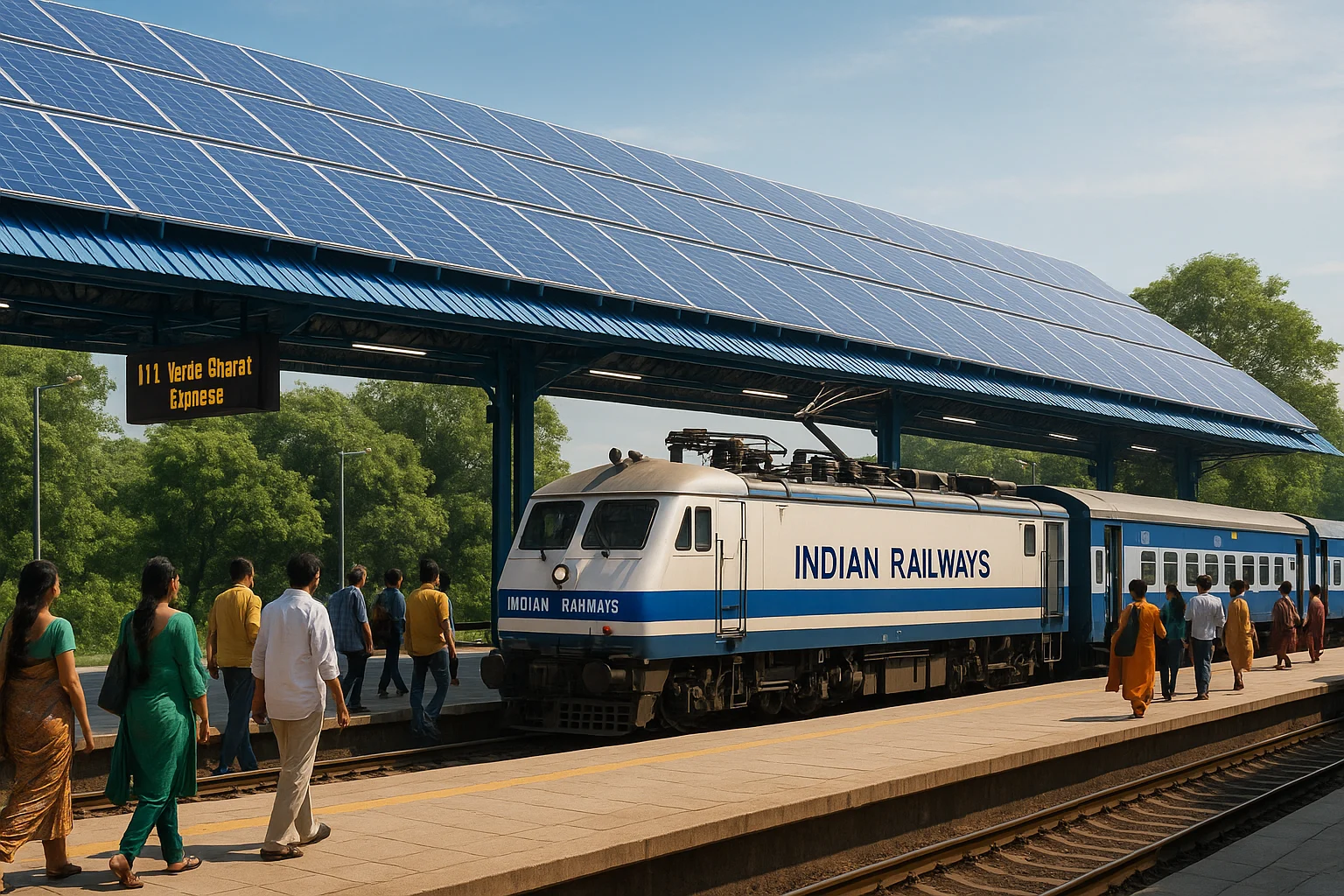 Indian Railways station with solar panels on the roof and an electric train waiting as passengers board.