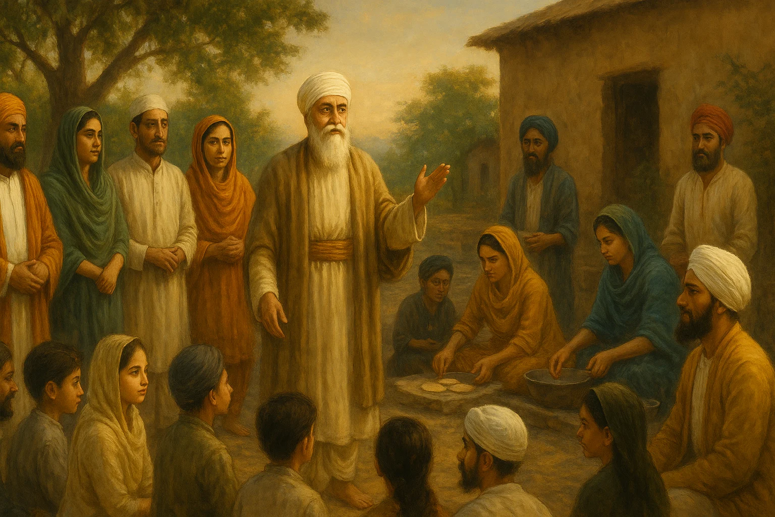 Guru Nanak Dev Ji with early Sikh followers, guiding men and women working together in harmony.