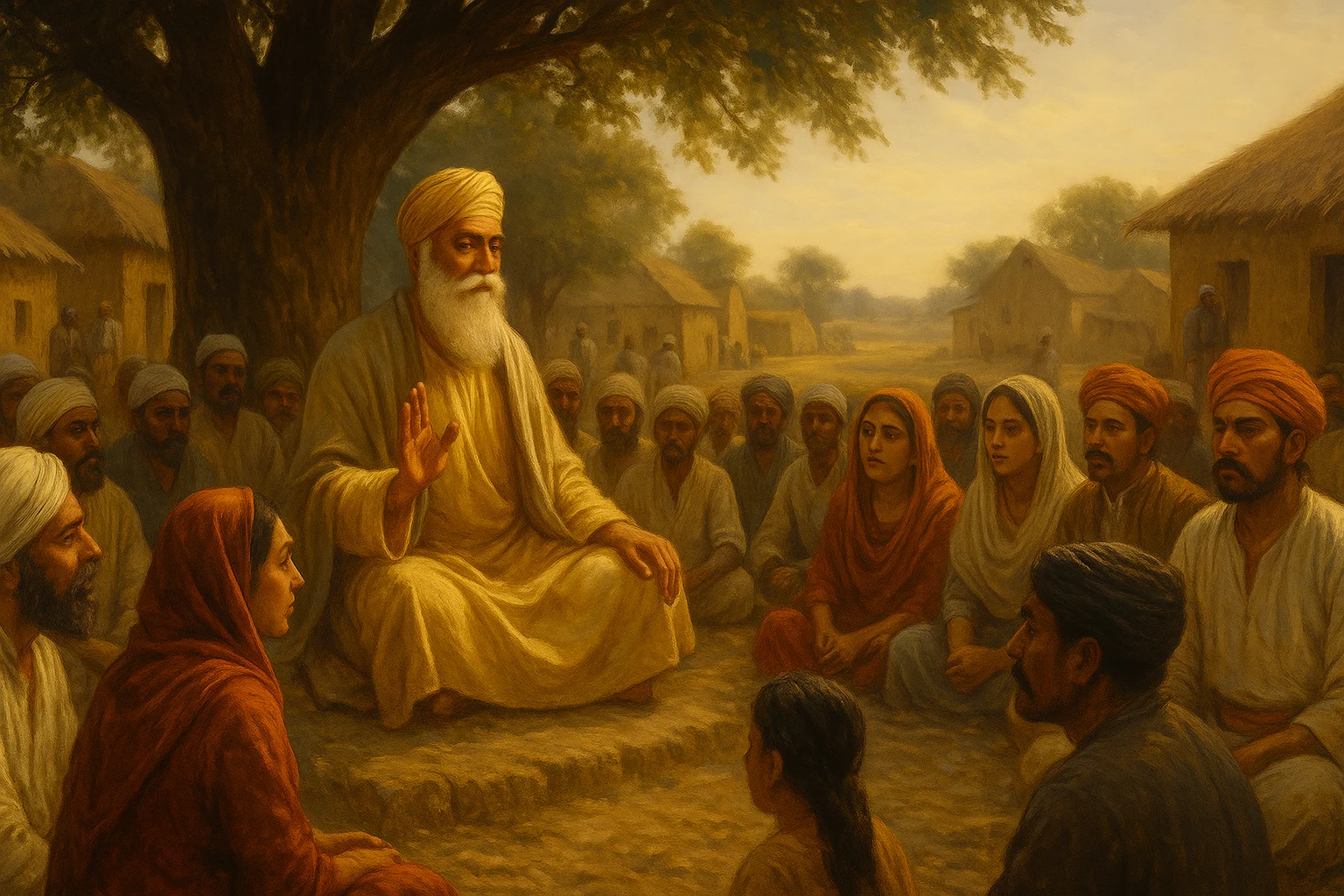 Guru Nanak Dev Ji teaching villagers of all castes and genders in 15th century Punjab.