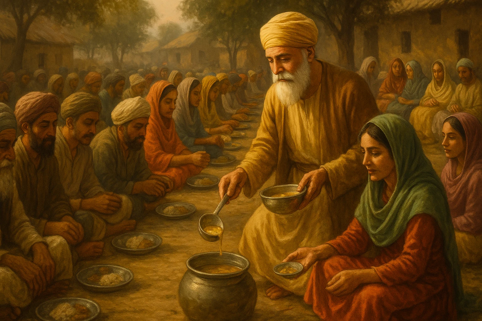 Guru Nanak Dev Ji serving food to men and women of all castes during Langar.