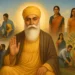 Guru Nanak Dev Ji blessing a diverse modern society with equality, unity, and care for nature.