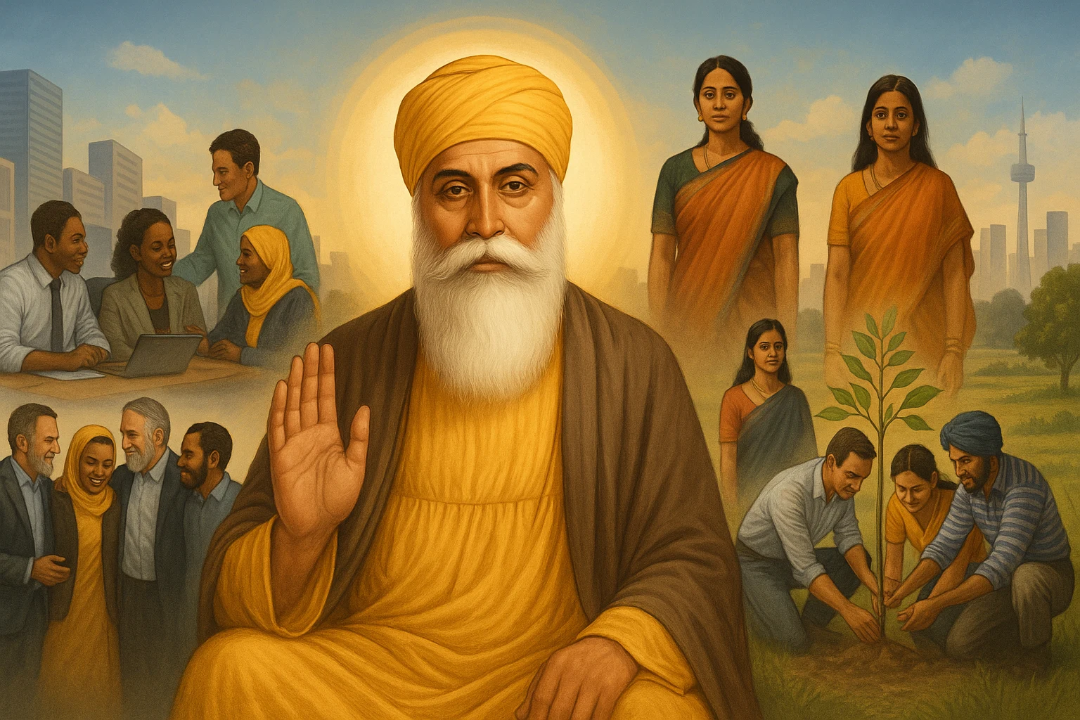 Guru Nanak Dev Ji blessing a diverse modern society with equality, unity, and care for nature.