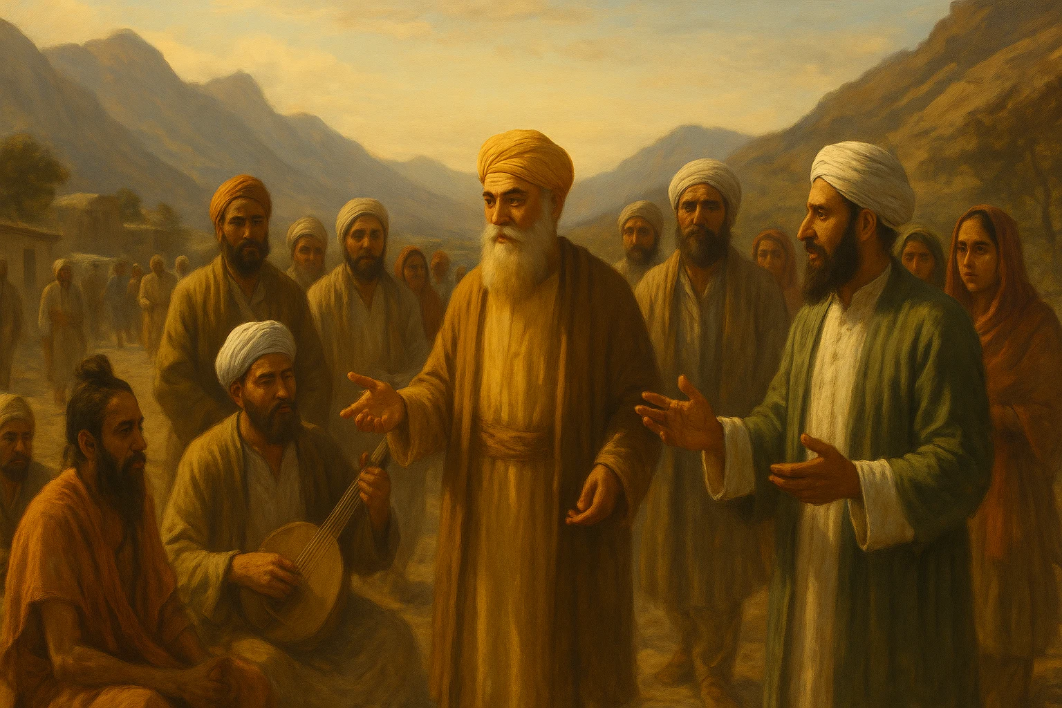 Guru Nanak Dev Ji engaging in dialogue with people of diverse faiths during his travels.