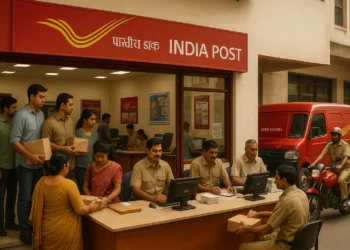 A busy India Post office with customers, computers, and red delivery vehicles showing modernization in the 2000s.