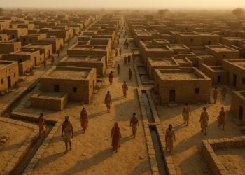 Aerial view of an Indus Valley city with mud-brick houses, grid streets, and drainage system under golden evening sunlight.