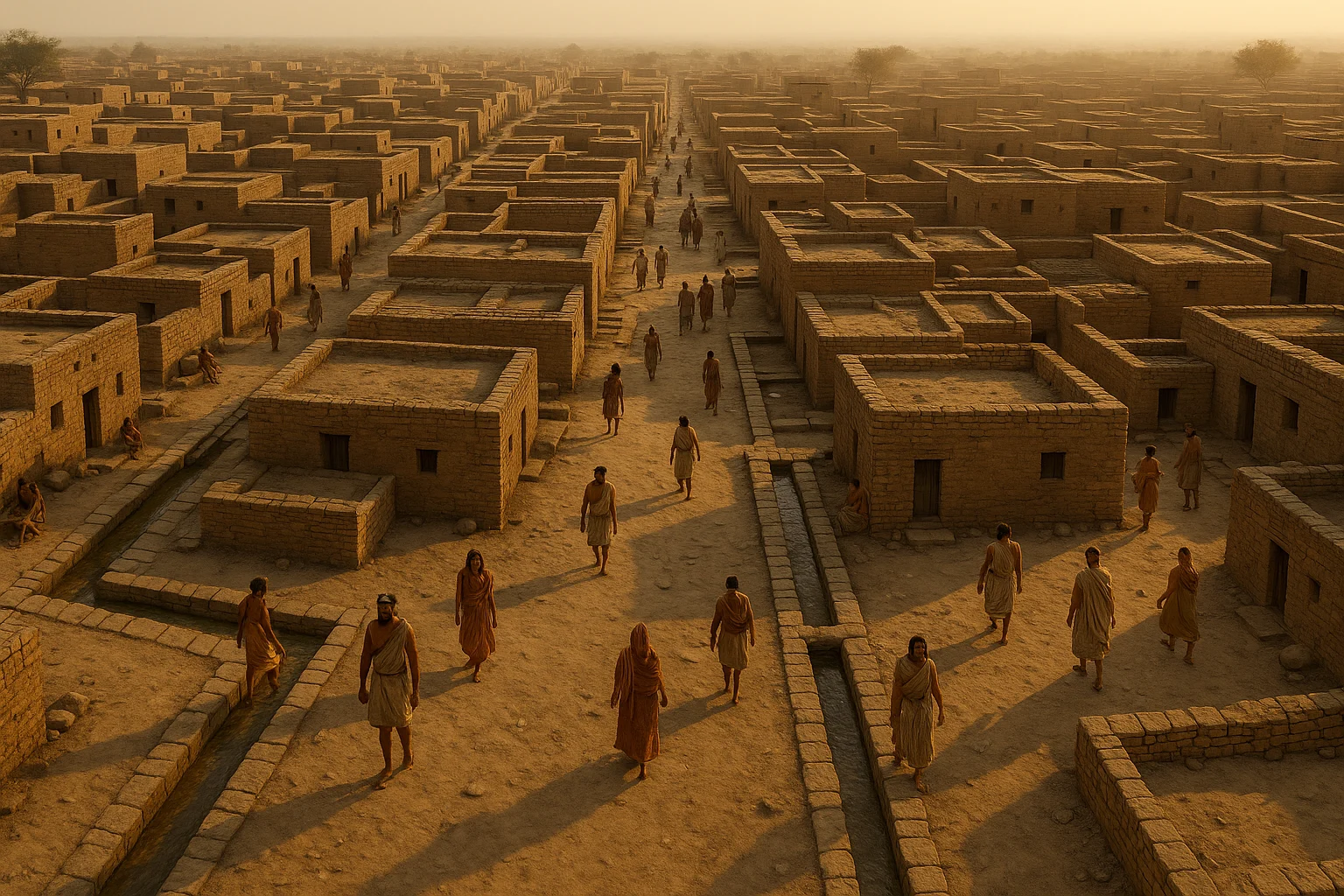 Aerial view of an Indus Valley city with mud-brick houses, grid streets, and drainage system under golden evening sunlight.