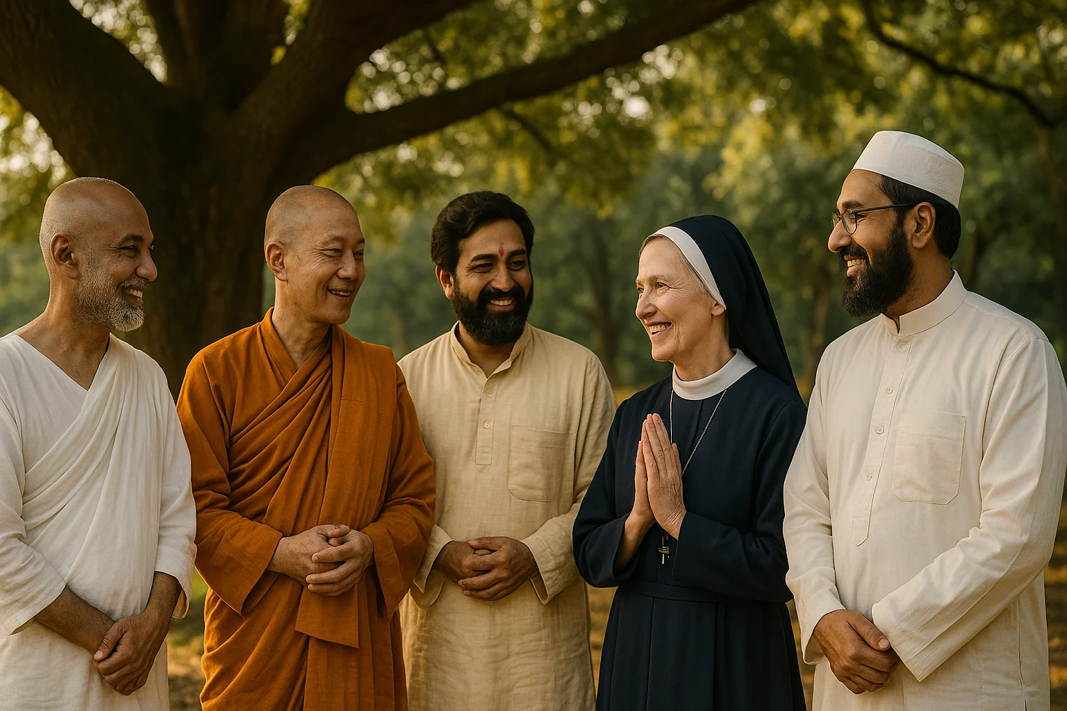 A Jain monk, Buddhist monk, Hindu priest, Christian nun, and Muslim scholar standing together under a tree, symbolizing compassion and harmony.