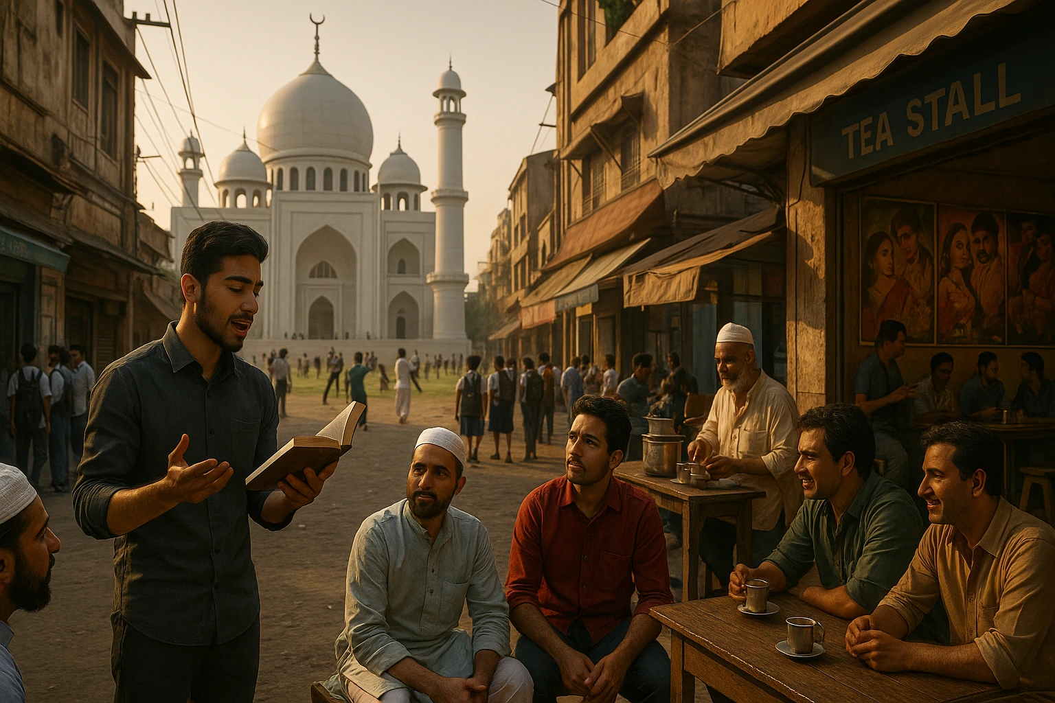 A modern Indian street scene with a mosque, Urdu poetry recitation, tea stalls, and children playing cricket