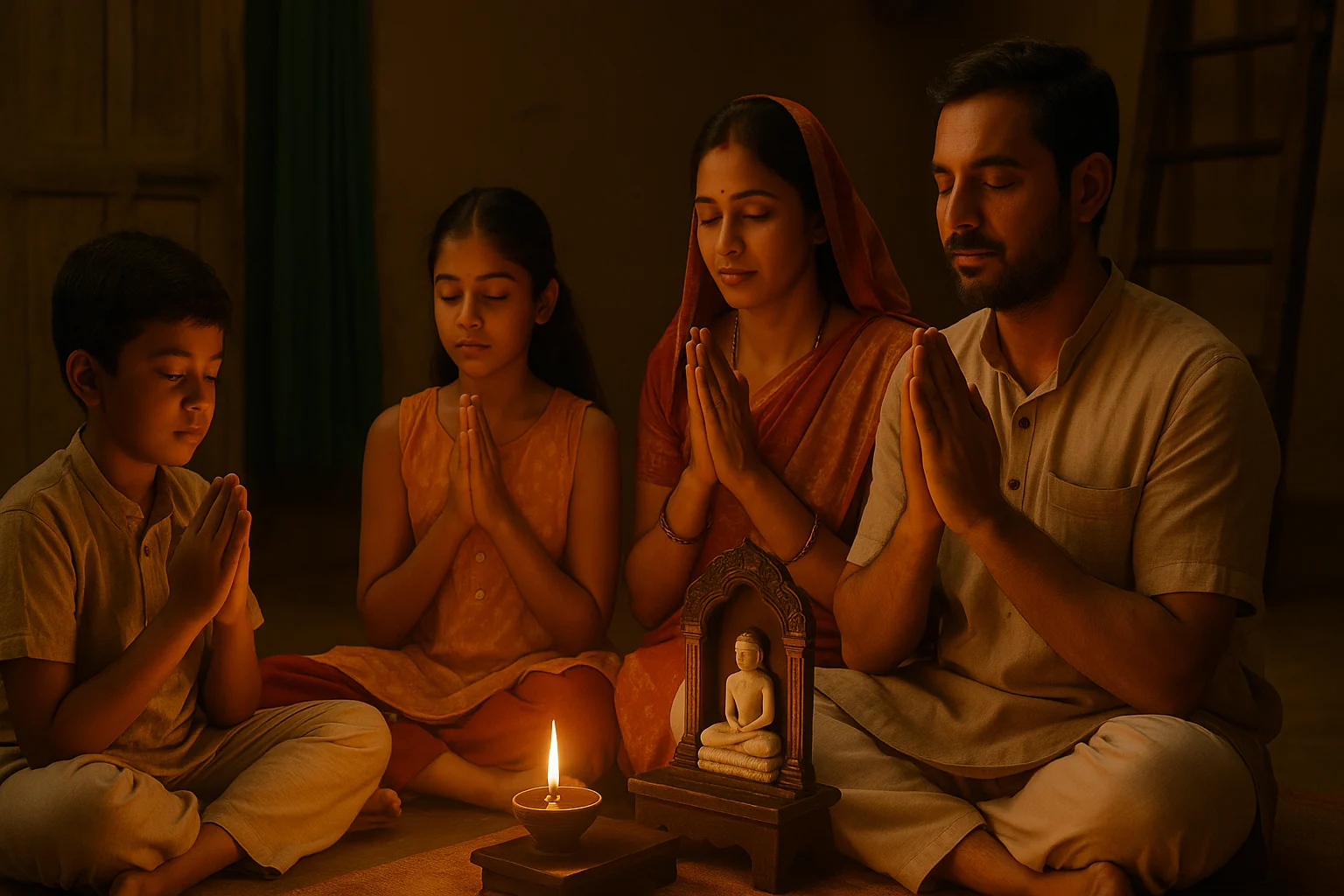 A Jain family seated before a shrine with folded hands during evening prayers, symbolizing Pratikraman and Samayika.