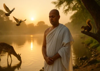 A Jain monk in white robes meditating peacefully by a river at sunrise, surrounded by deer, pigeons, and a squirrel, symbolizing Ahimsa.