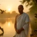 A Jain monk in white robes meditating peacefully by a river at sunrise, surrounded by deer, pigeons, and a squirrel, symbolizing Ahimsa.