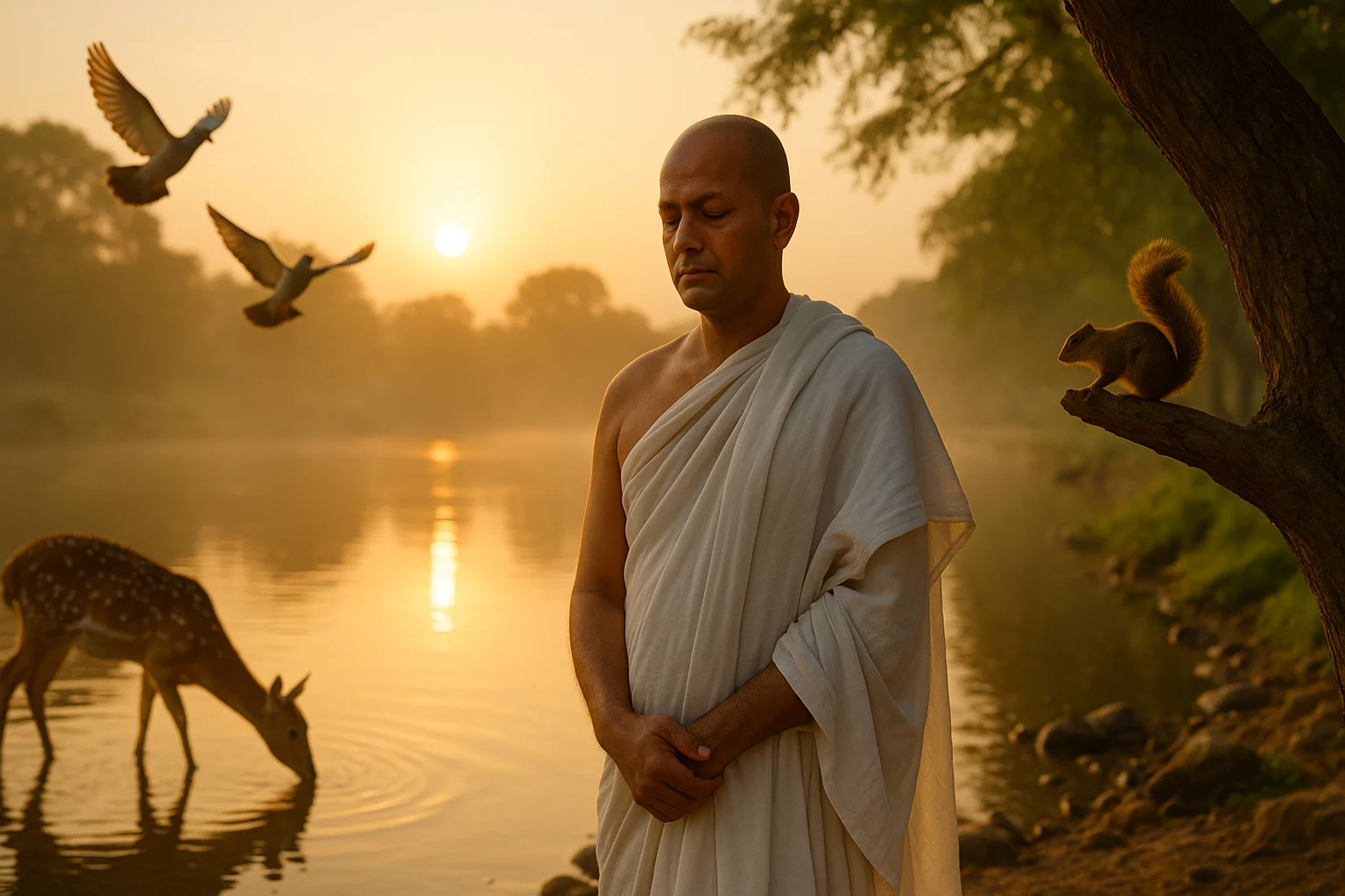 A Jain monk in white robes meditating peacefully by a river at sunrise, surrounded by deer, pigeons, and a squirrel, symbolizing Ahimsa.