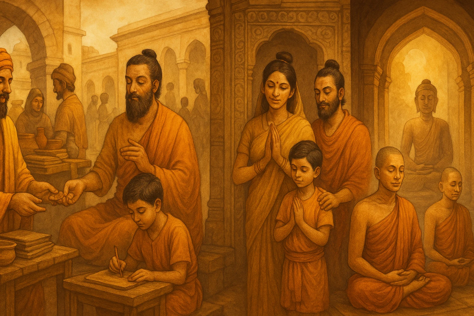 Ethical merchant trade, teacher guiding a student, family practicing mindfulness, and monks meditating in a vihāra.