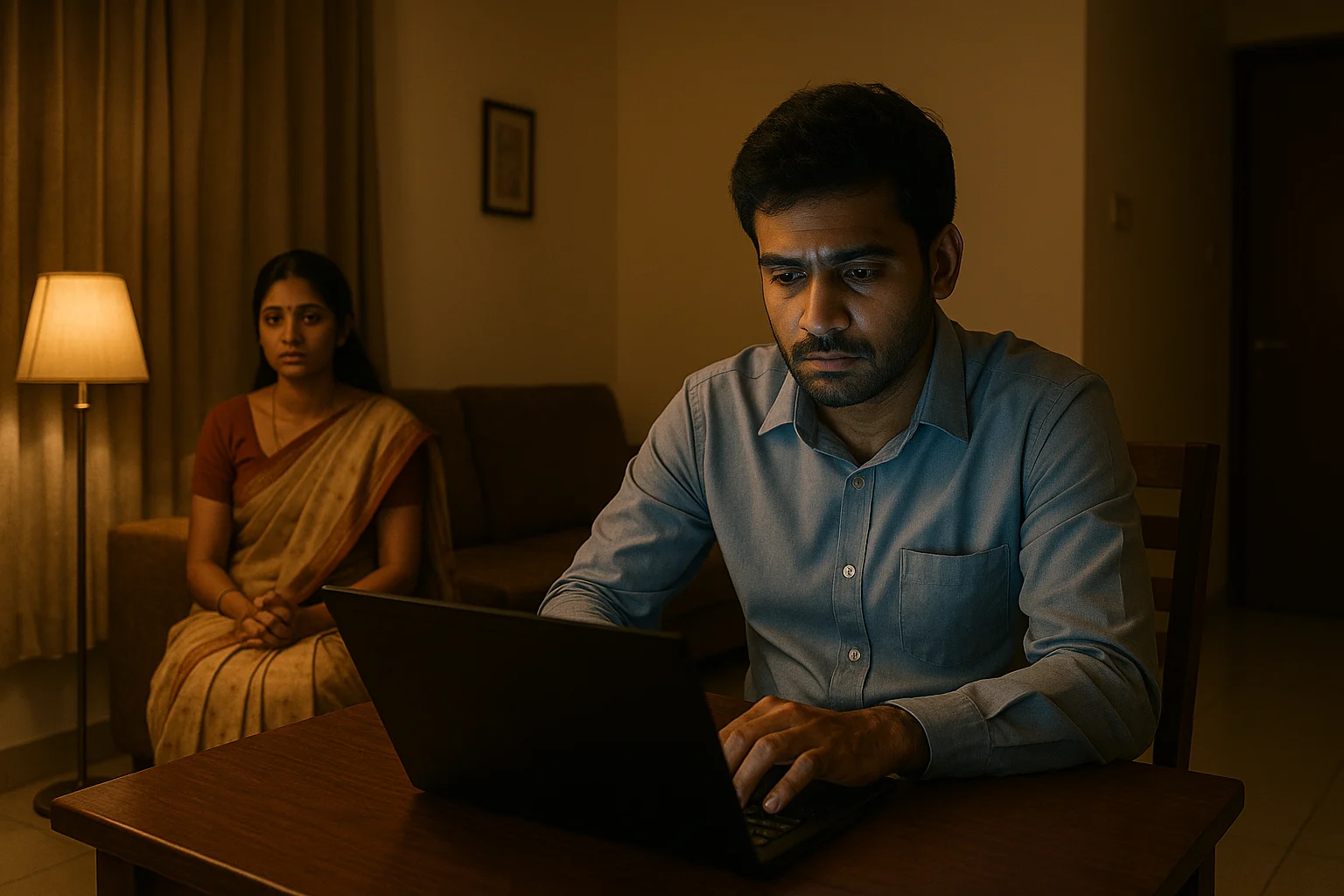 Indian wife sitting alone on sofa while her husband works late on a laptop in their modest Bengaluru apartment.
