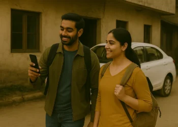 Newlywed South Asian couple walking on a Manali street with backpacks and a smartphone, preparing for their honeymoon road trip to Shimla