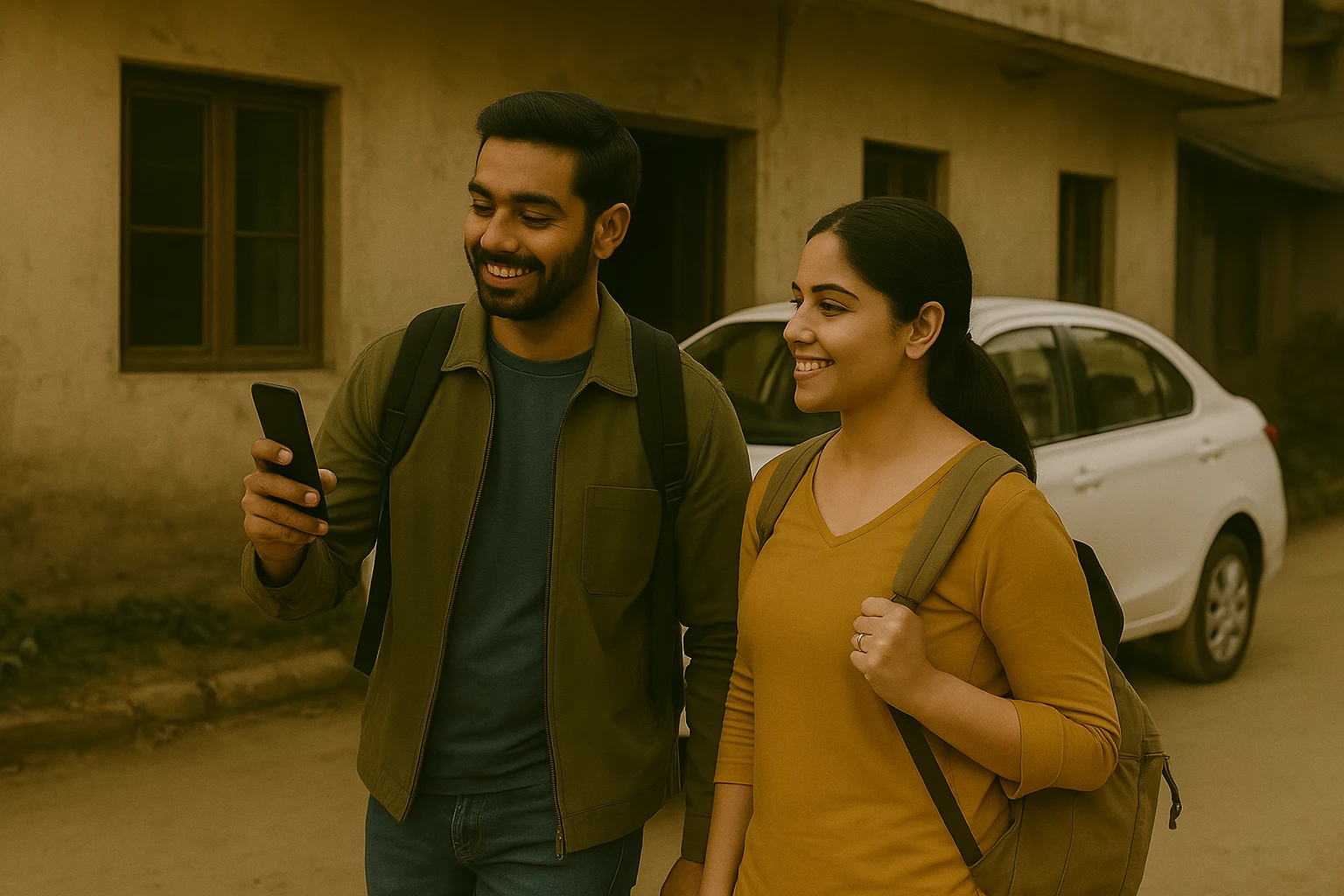 Newlywed South Asian couple walking on a Manali street with backpacks and a smartphone, preparing for their honeymoon road trip to Shimla