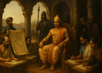 Emperor Ashoka presides over his ministers in Pataliputra, with scribes, soldiers, spies, and war elephants symbolizing Mauryan administration.