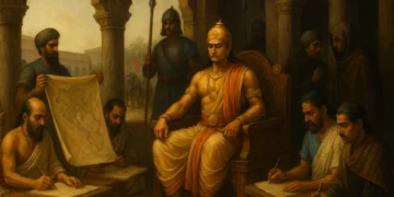 Emperor Ashoka presides over his ministers in Pataliputra, with scribes, soldiers, spies, and war elephants symbolizing Mauryan administration.