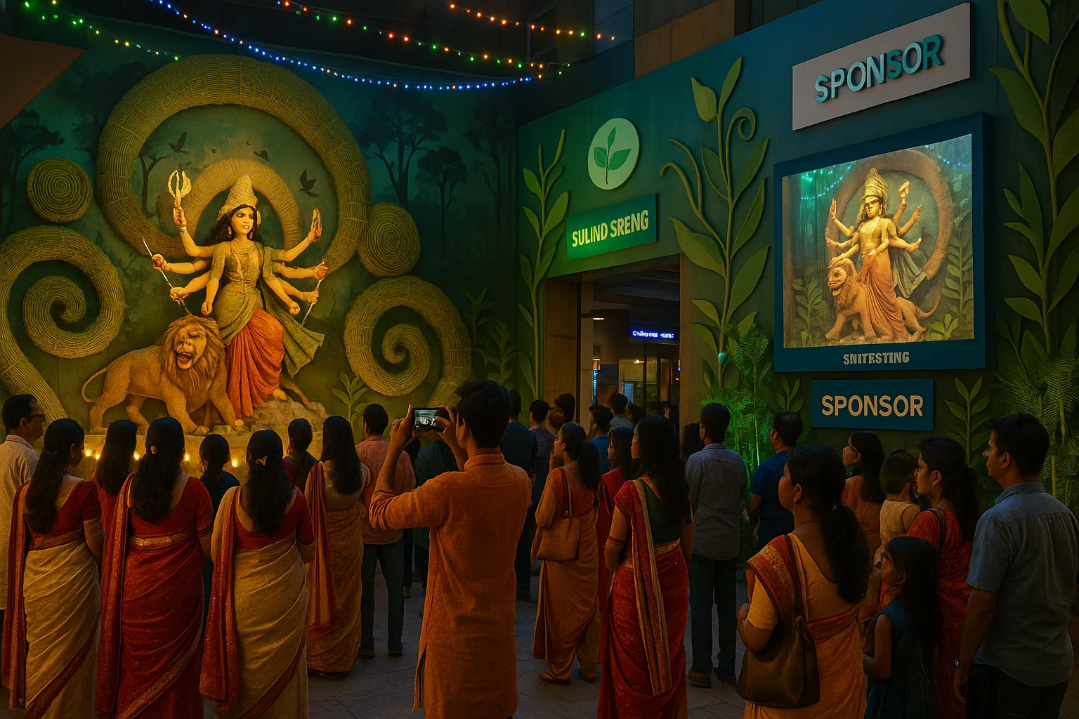 Eco-friendly theme pandal with a Durga idol made from natural materials, visitors watching and capturing photos, sponsor banners displayed.