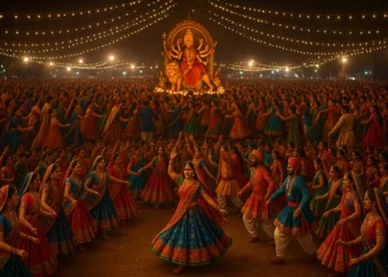Thousands of dancers in colorful traditional attire performing Garba at night under festive lights, with Goddess Durga’s idol in the background.