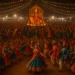 Thousands of dancers in colorful traditional attire performing Garba at night under festive lights, with Goddess Durga’s idol in the background.