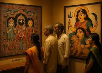 Visitors comparing Odisha’s Pattachitra of Jagannath with Bengal’s Kalighat painting of Goddess Durga at a cultural exhibition.