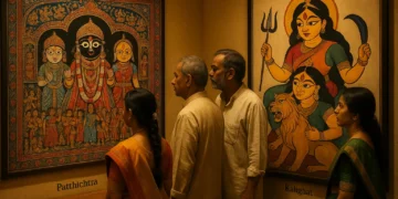 Visitors comparing Odisha’s Pattachitra of Jagannath with Bengal’s Kalighat painting of Goddess Durga at a cultural exhibition.
