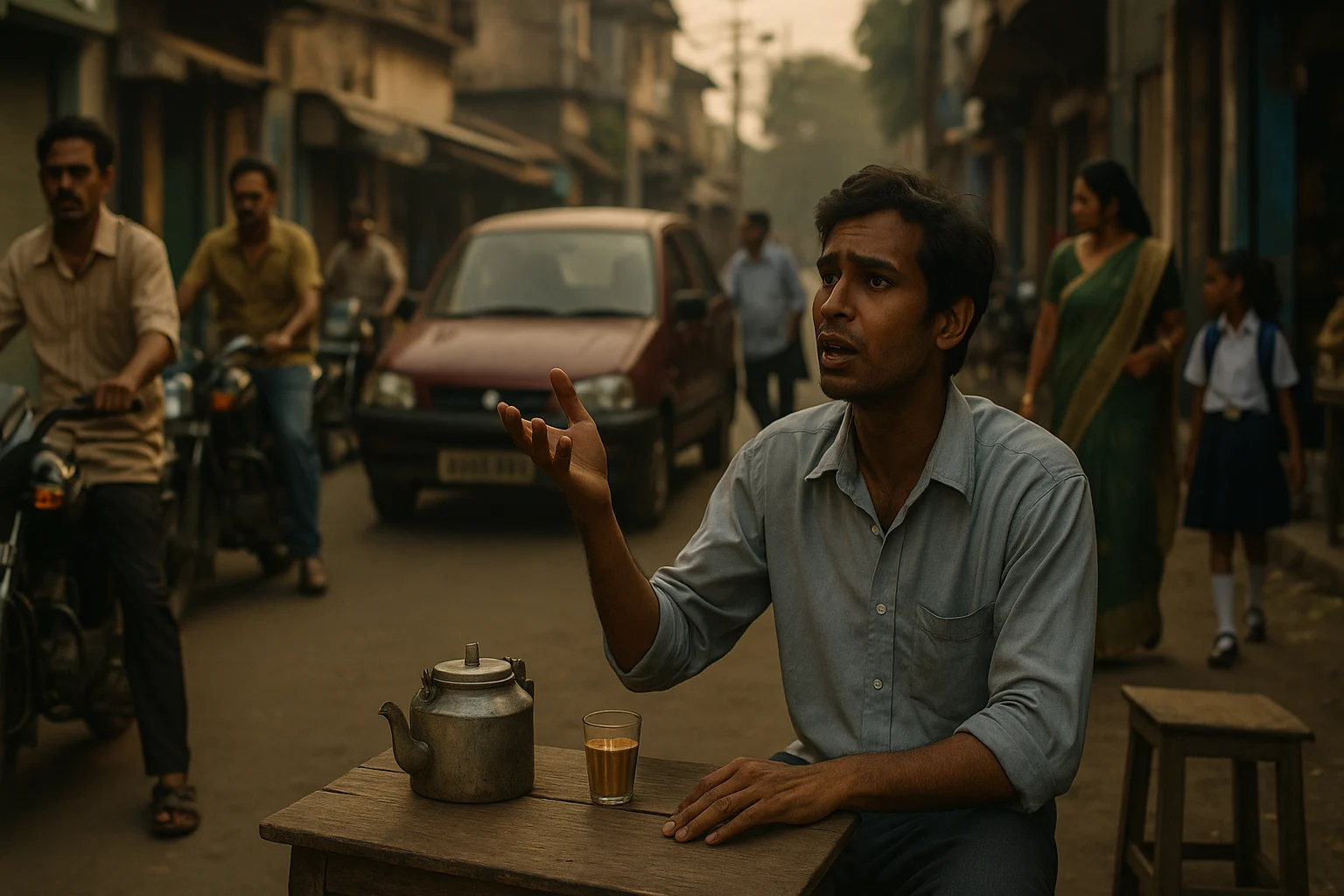 A man sits at a Kolkata tea stall, speaking boastfully while neighbors pass by with scooters, cars, and school children.