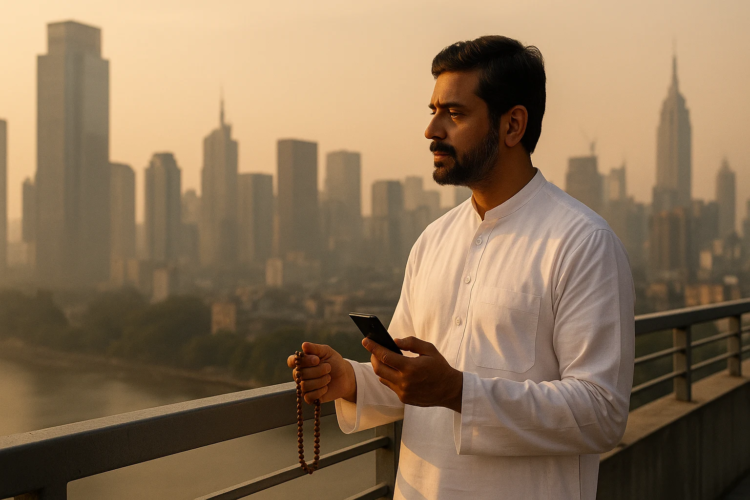 A Jain businessman holding prayer beads and a smartphone on a balcony overlooking a city skyline at sunset, symbolizing balance between spirituality and modern life.