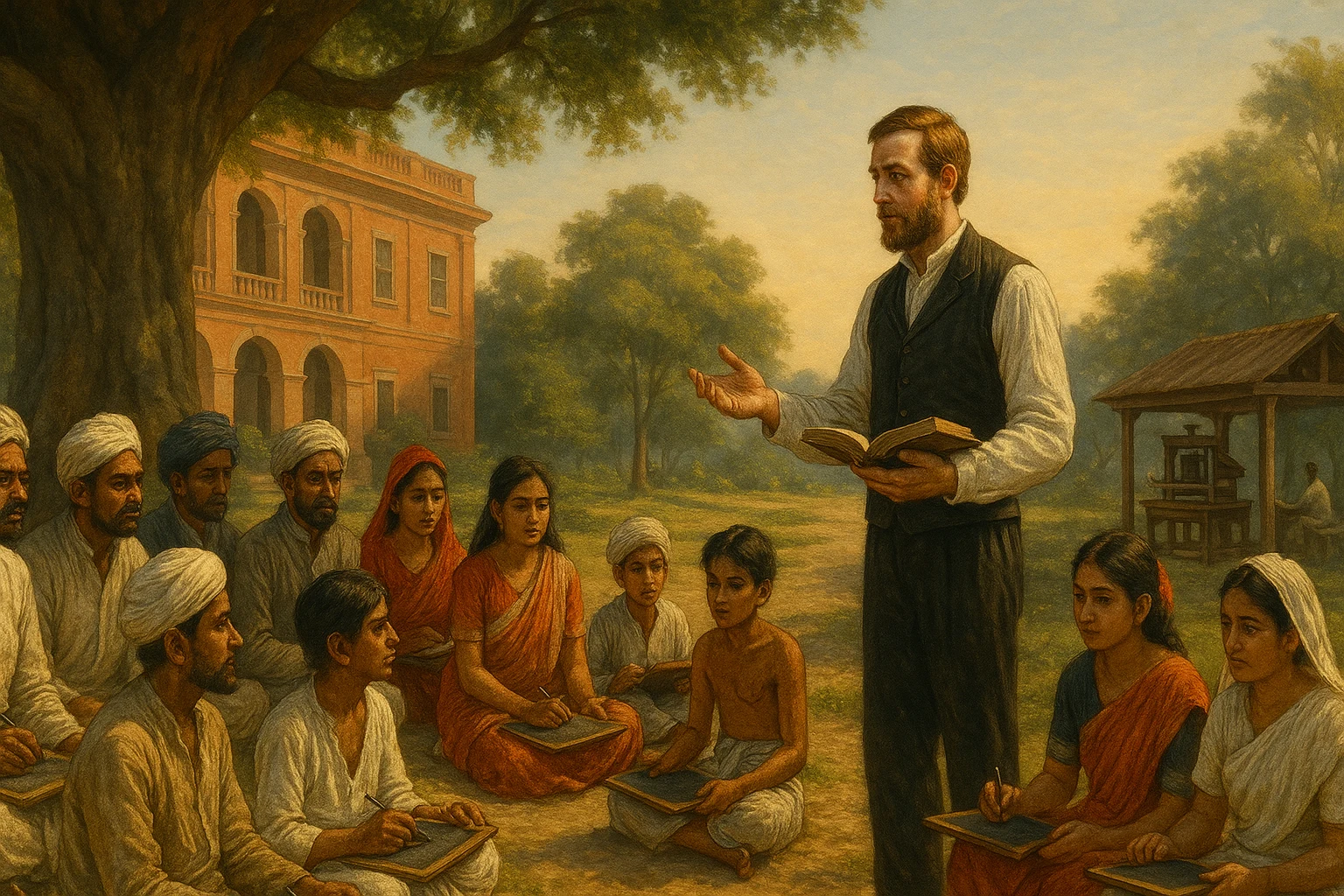 A Protestant missionary teaching Indian students under a banyan tree near Serampore College during British colonial rule.