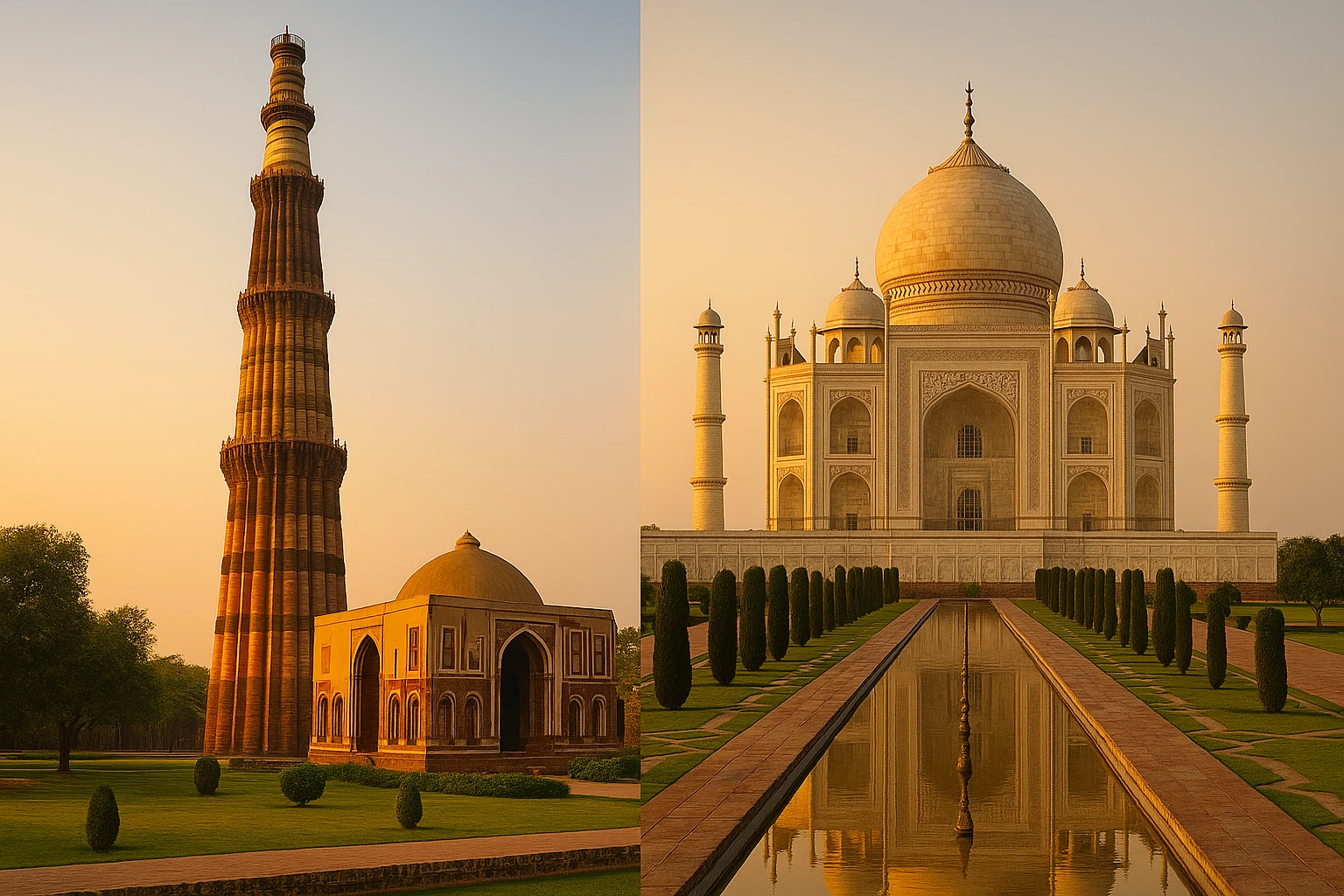 A split image featuring Qutub Minar on the left and Taj Mahal on the right at sunset