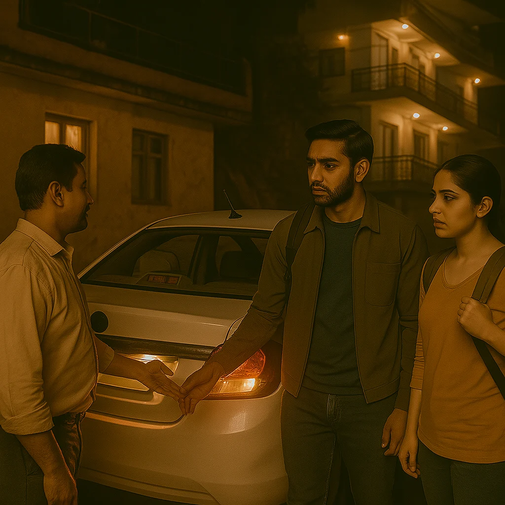 South Asian couple arrives at night in Shimla with driver opening the taxi door near a hill hotel