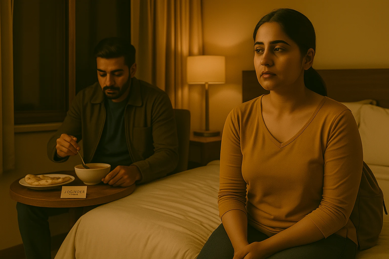 South Asian couple reflecting quietly in their hotel room after a tense road trip, with soup and naan on the bedside table